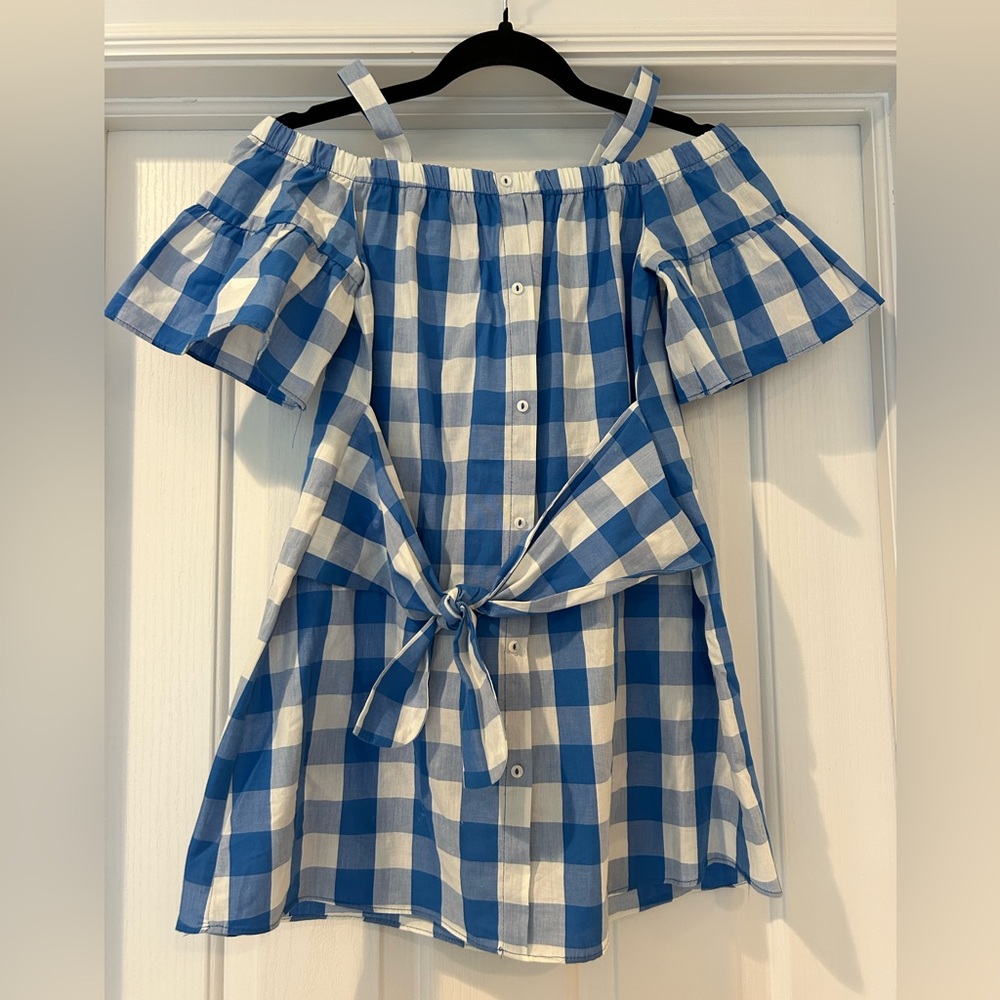 Zara girls off the shoulder blue & white dress w straps. Worn 1x